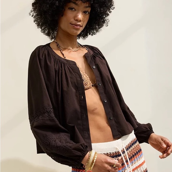 Aerie 100% Cotton Long Sleeve Crochet Button Down Shirt Size S - Picture 4 of 7